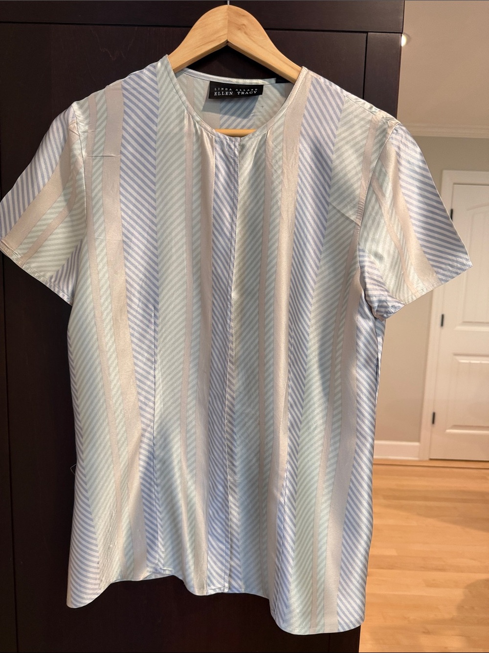 Ellen Tracy Satin Short-Sleeve Striped Blouse in Light Blue and Beige